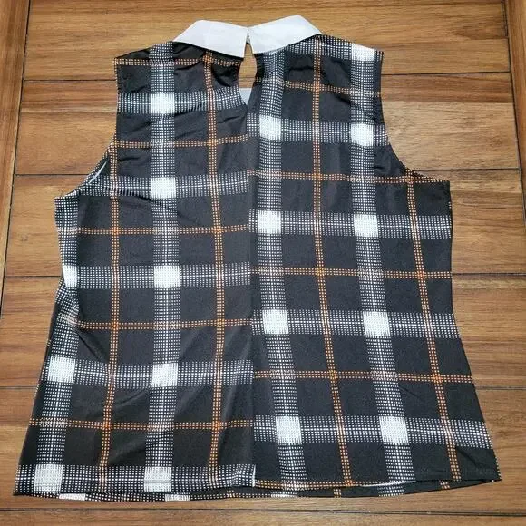 AUW Black Brown & White Plaid Sleeveless Blouse w/ Bling Collar - Size XL* - Picture 3 of 6